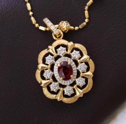 K18YG ルビー ダイヤモンド ペンダント 18K イエローゴールド ペンダントトップ 開口バチカン ネックレス 大ぶり 大きめ オーバル 花