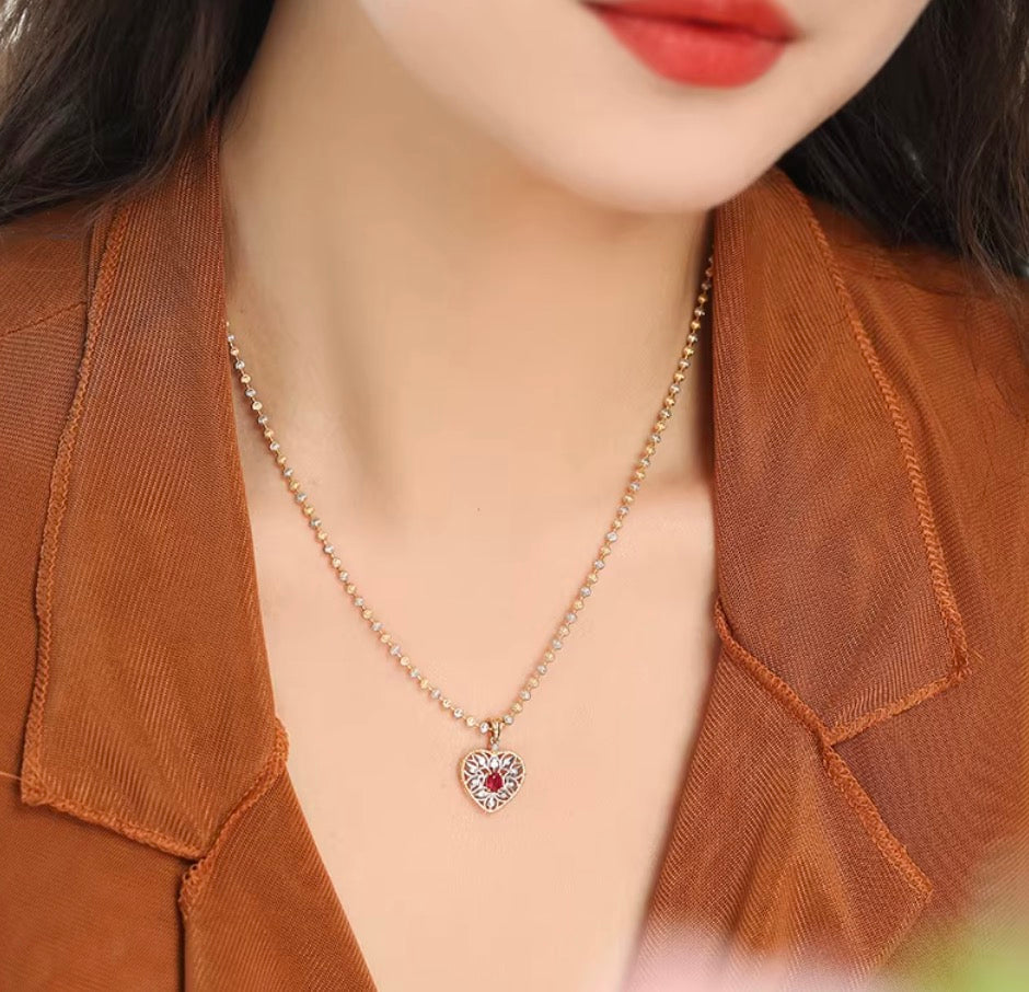 K18YG ルビー ダイヤモンド ハート ペンダント 18K イエローゴールド ペンダントトップ 開口バチカン ネックレス 大ぶり