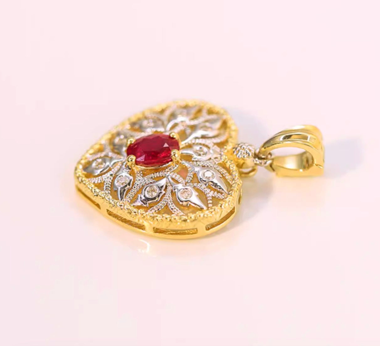 K18YG ルビー ダイヤモンド ハート ペンダント 18K イエローゴールド ペンダントトップ 開口バチカン ネックレス 大ぶり