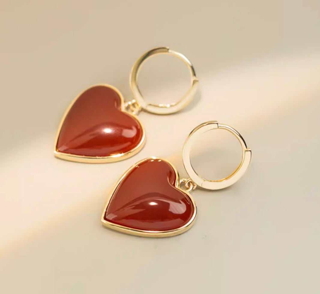 K14YG ぷっくりハート ピアス カーネリアン イエローゴールド 14K チャーム レッドカーネリアン 揺れる