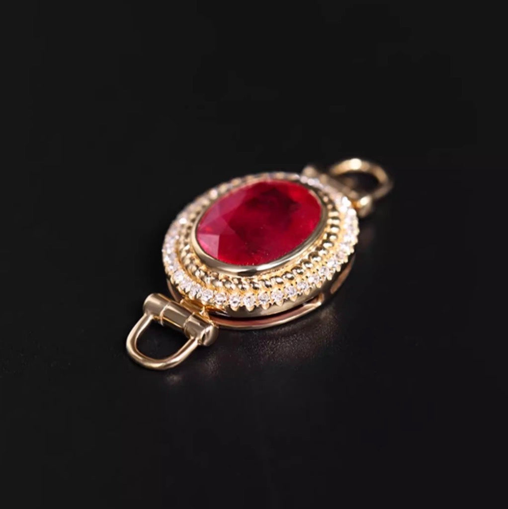 K18YG ルビー チャーム ファセットルビー オーバル ペンダント クラスプ 18K ネックレスパーツ ホワイトサファイア