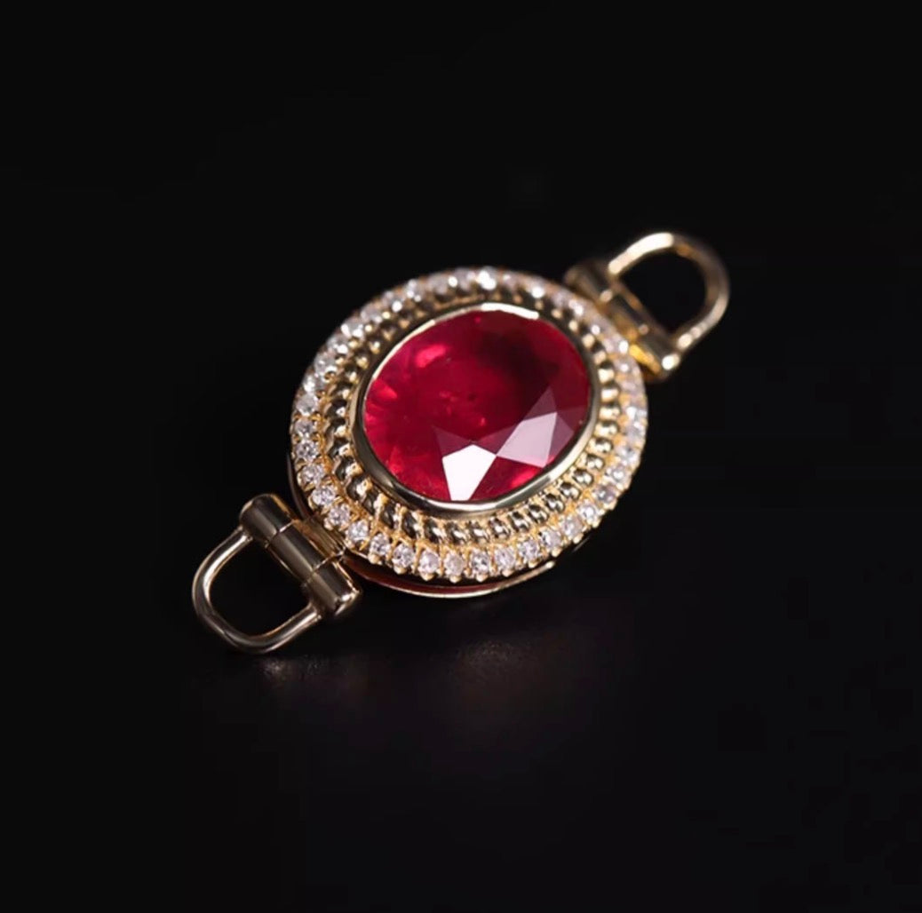 K18YG ルビー チャーム ファセットルビー オーバル ペンダント クラスプ 18K ネックレスパーツ ホワイトサファイア
