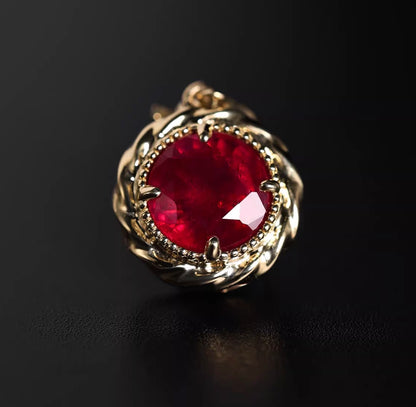 K18YG ピジョンブラッドルビー 1ct ラウンド ペンダント ネックレス 18K YG イエローゴールド チャーム クラスプ バチカン サンフラワー