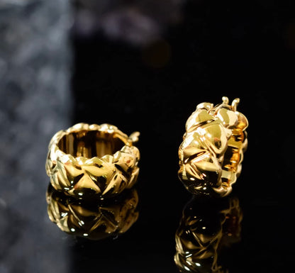 K18YG リングピアス 中空 18K イエローゴールド ピアス フープピアス X 模様 キルティング 柄