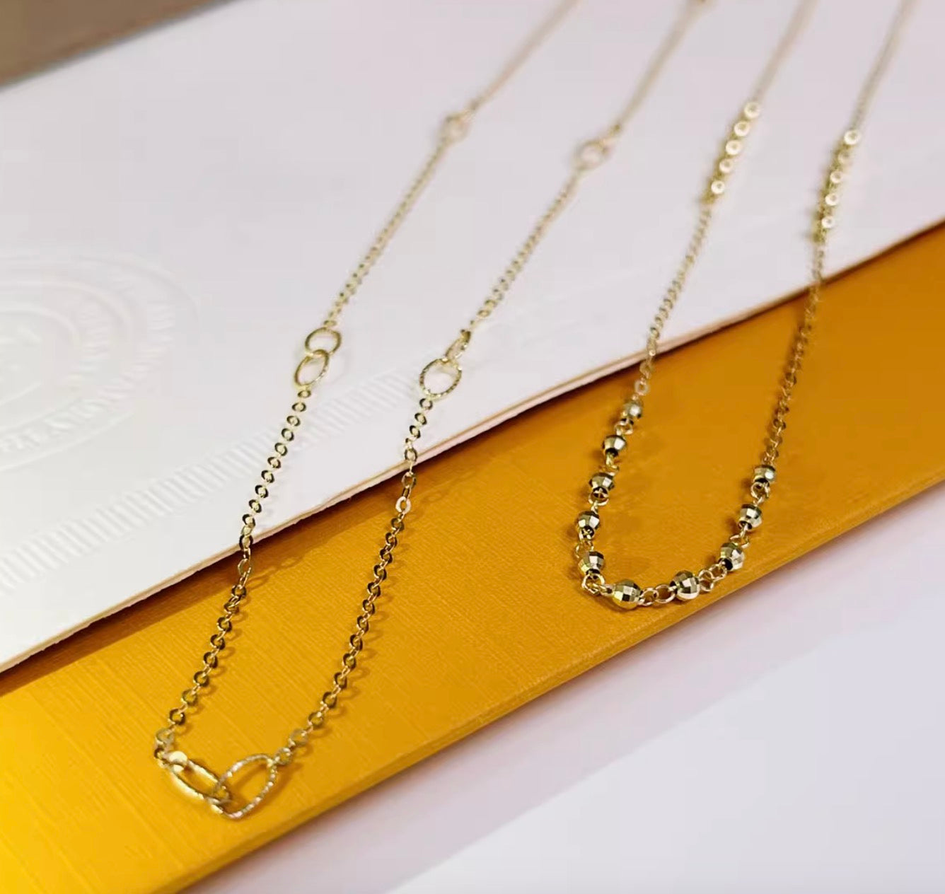 K18YG ステーションチェーン オーバルリンクチェーン ネックレス 18K イエローゴールド 40+2cm キラキラ グリッター デザインチェーン