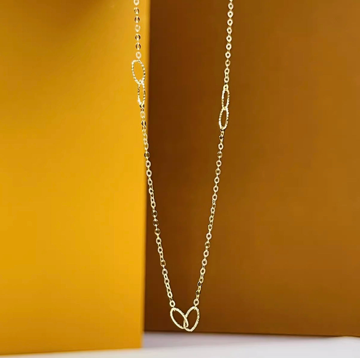 K18YG ステーションチェーン オーバルリンクチェーン ネックレス 18K イエローゴールド 40+2cm キラキラ グリッター デザインチェーン