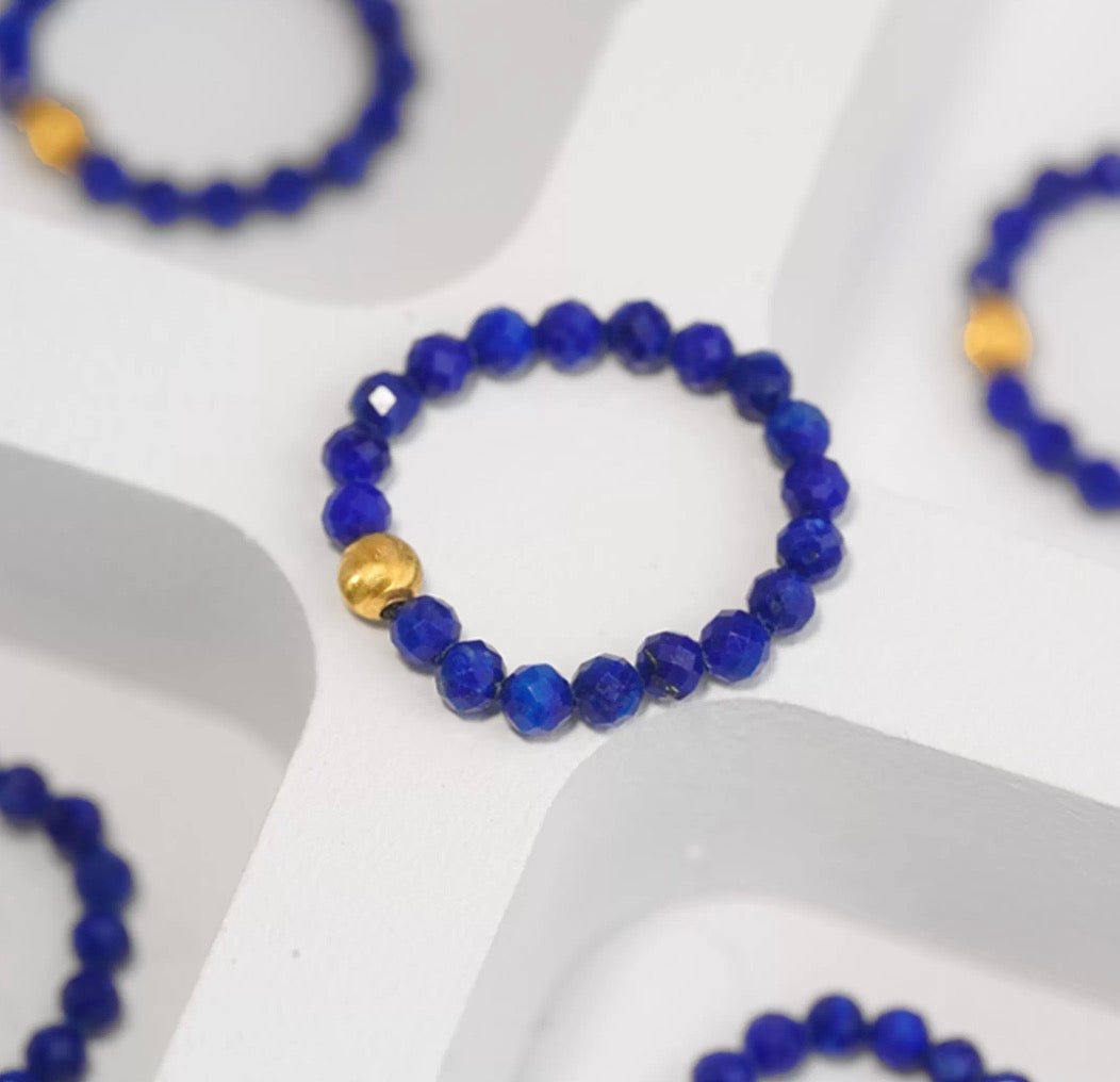 K18YG 天然ラピスラズリ キャッツアイ 18K ゴールドビーズ カットビーズ 瑠璃石 イエローゴールド リング 指輪