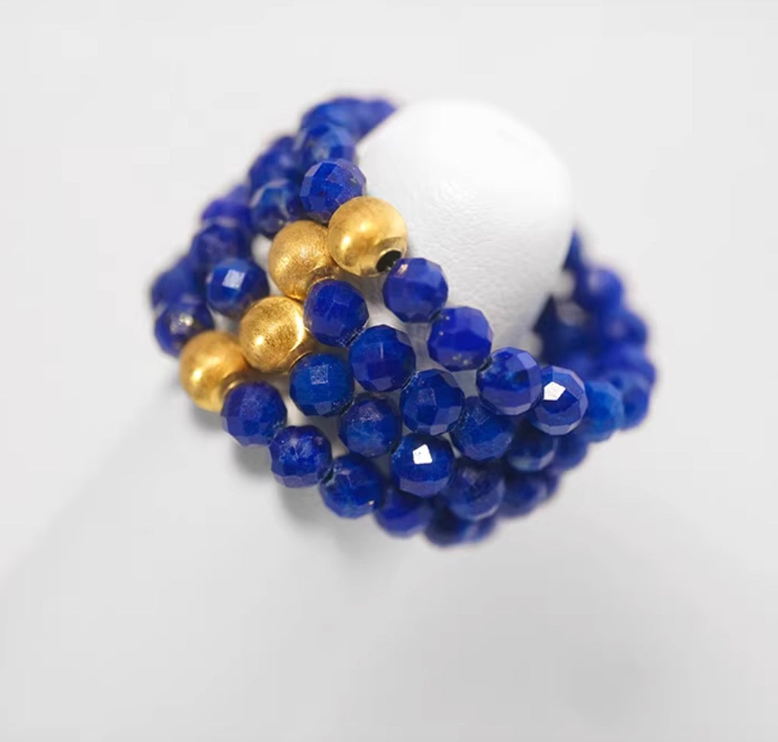 K18YG 天然ラピスラズリ キャッツアイ 18K ゴールドビーズ カットビーズ 瑠璃石 イエローゴールド リング 指輪