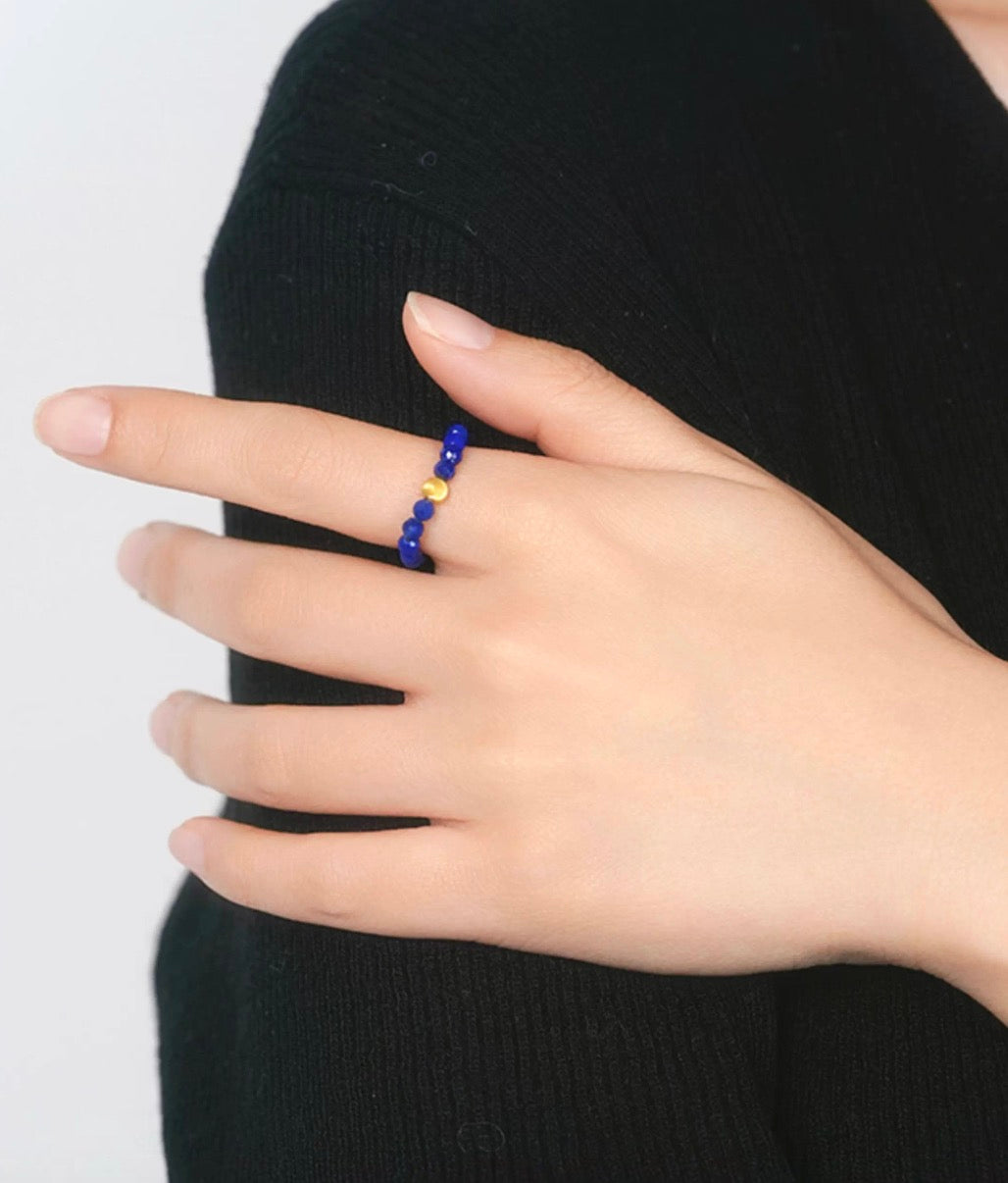 K18YG 天然ラピスラズリ キャッツアイ 18K ゴールドビーズ カットビーズ 瑠璃石 イエローゴールド リング 指輪