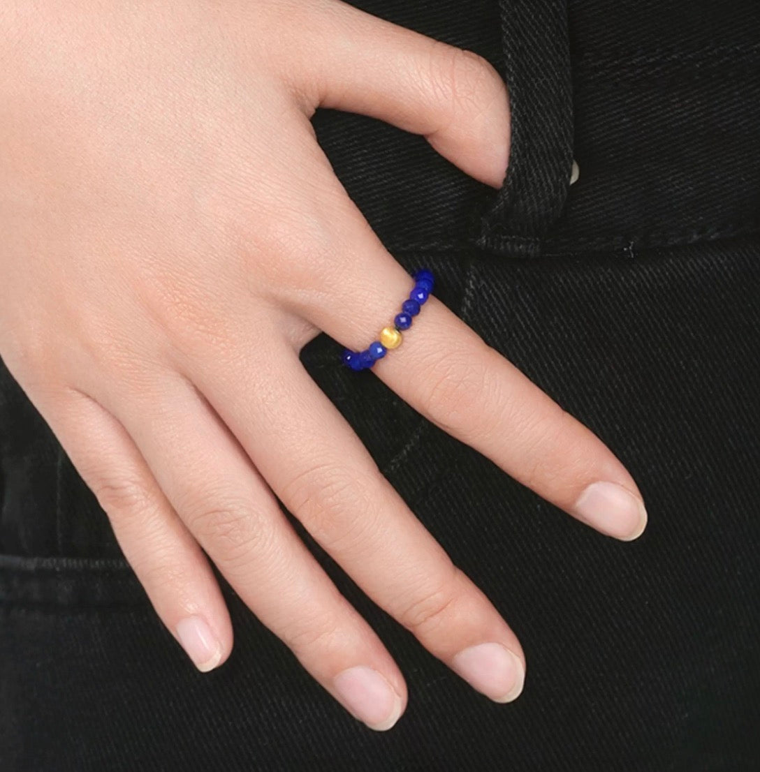 K18YG 天然ラピスラズリ キャッツアイ 18K ゴールドビーズ カットビーズ 瑠璃石 イエローゴールド リング 指輪