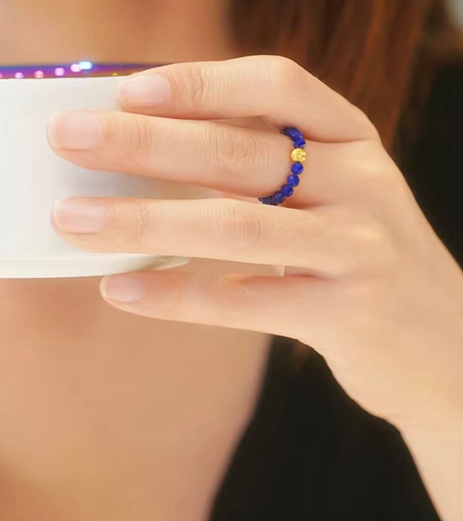 K18YG 天然ラピスラズリ キャッツアイ 18K ゴールドビーズ カットビーズ 瑠璃石 イエローゴールド リング 指輪