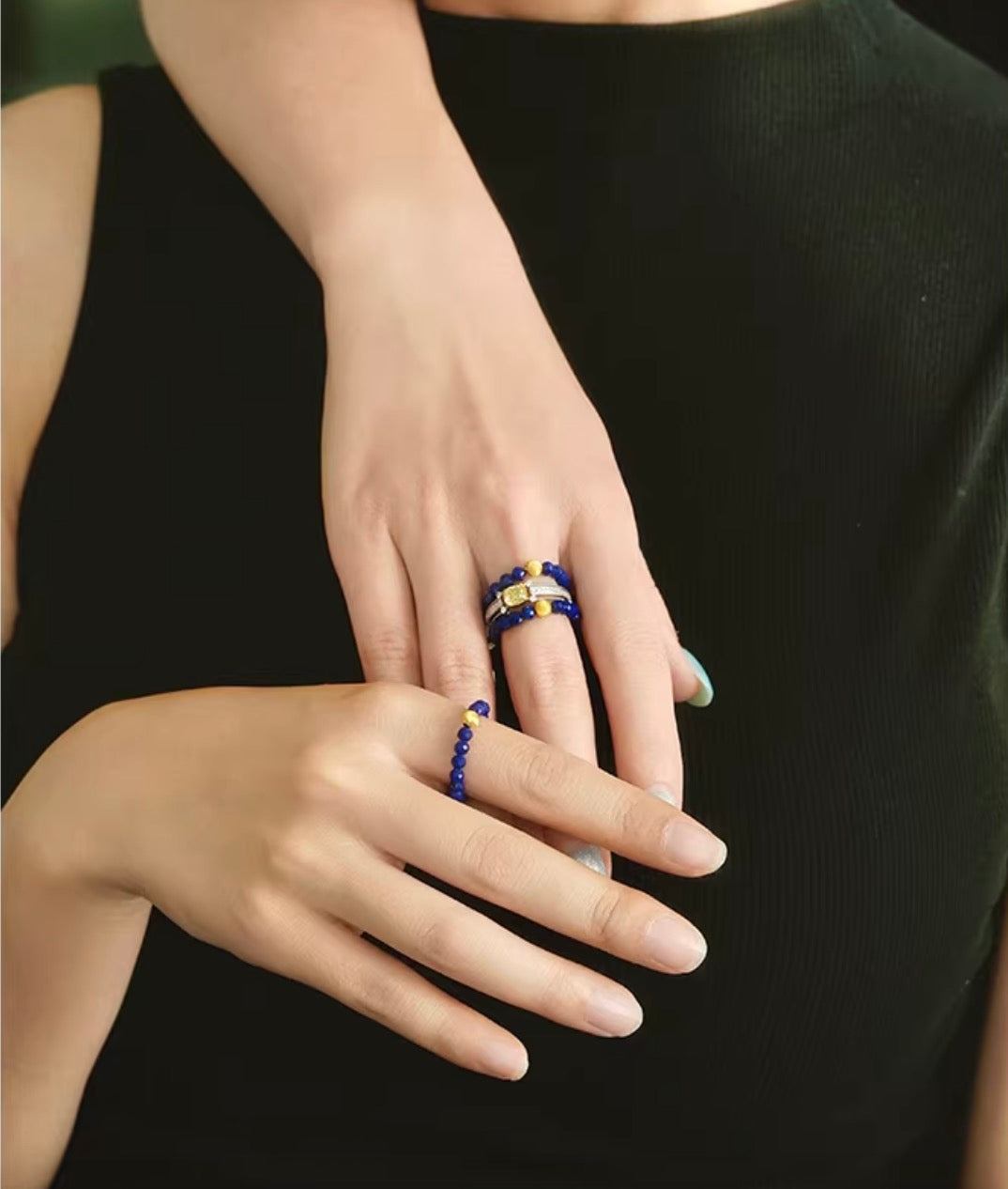 K18YG 天然ラピスラズリ キャッツアイ 18K ゴールドビーズ カットビーズ 瑠璃石 イエローゴールド リング 指輪