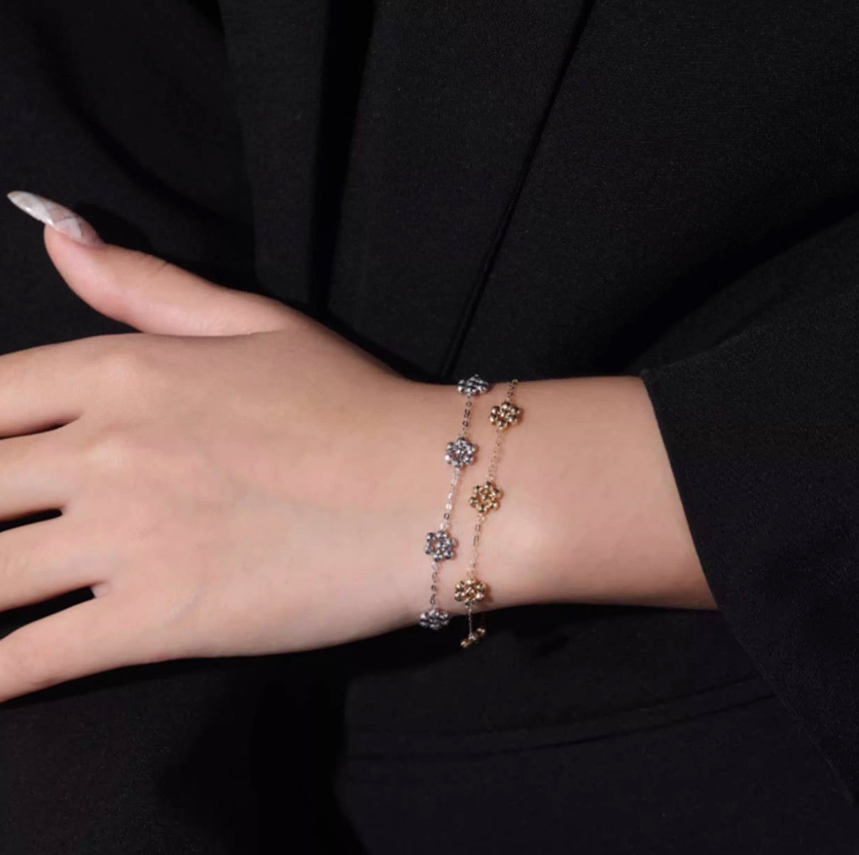 K18YG WG デイジーフラワー ステーションブレスレット カットボール 18K 花 フローラル キラキラ