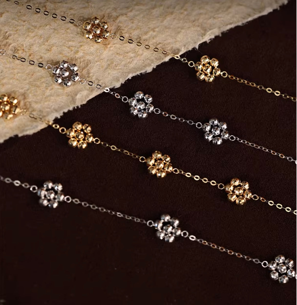 K18YG WG デイジーフラワー ステーションブレスレット カットボール 18K 花 フローラル キラキラ