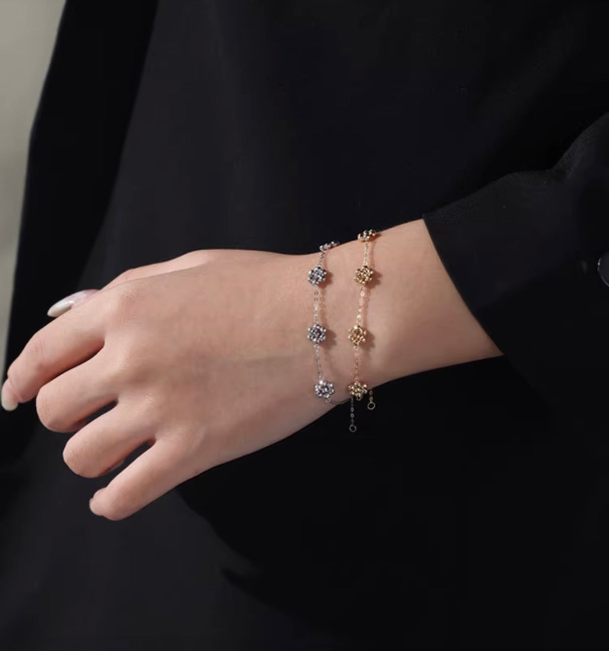 K18YG WG デイジーフラワー ステーションブレスレット カットボール 18K 花 フローラル キラキラ