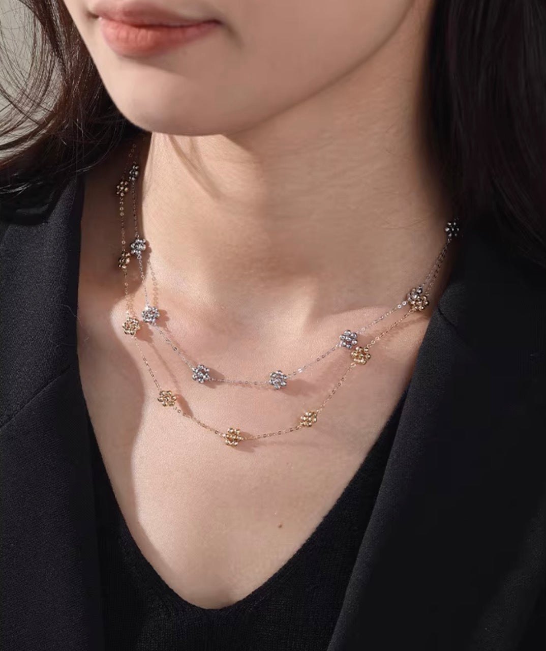 K18YG WG デイジーフラワー ステーションネックレス カットボール 18K 花 フローラル キラキラ