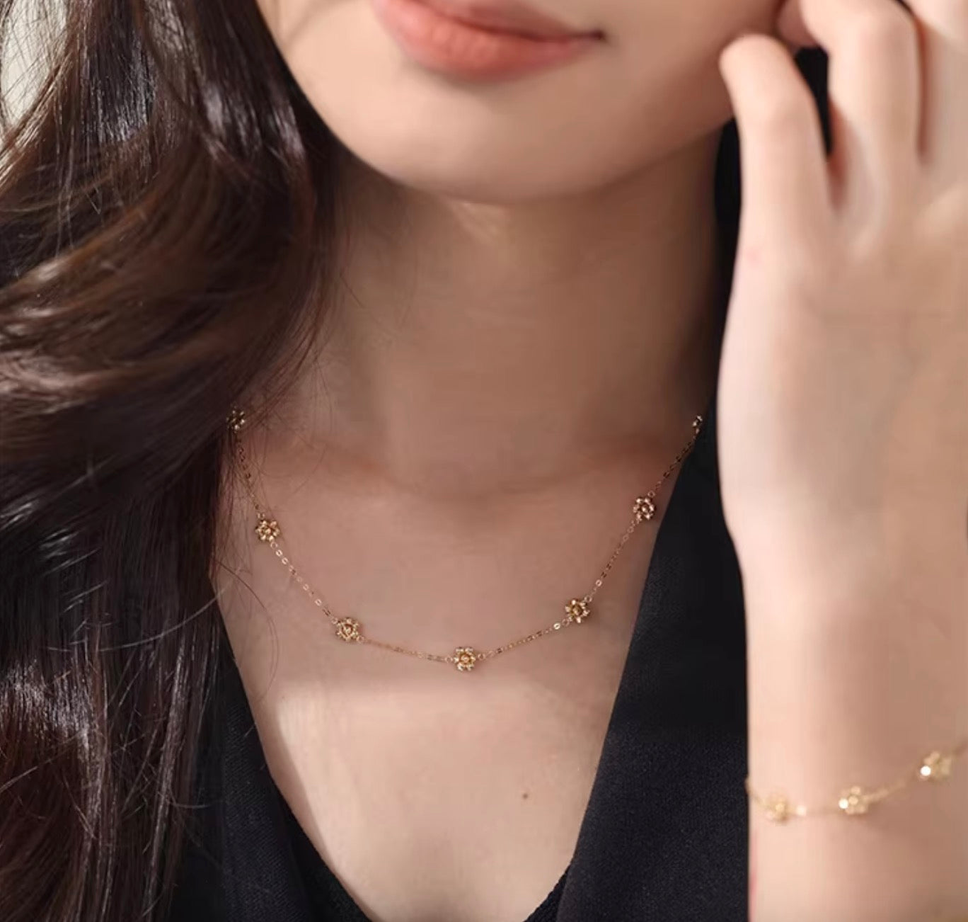 K18YG WG デイジーフラワー ステーションネックレス カットボール 18K 花 フローラル キラキラ