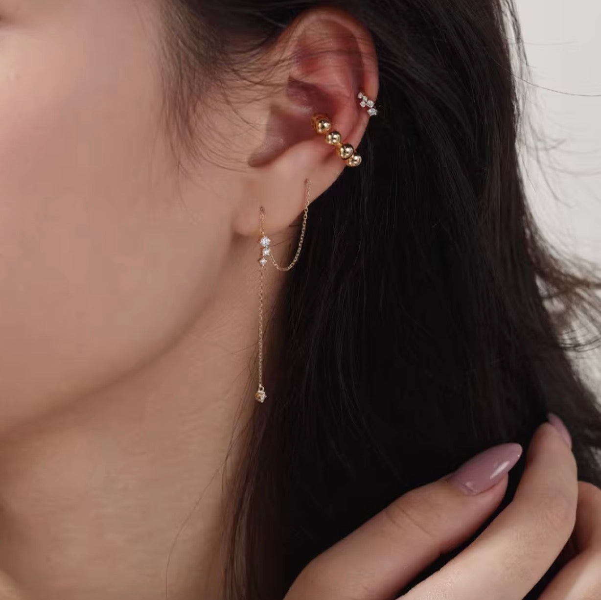 K18YG イヤーカフ 18k イエローゴールド ノンホールピアス ポンデリング ボール リング シングルピアス 片耳用 中空