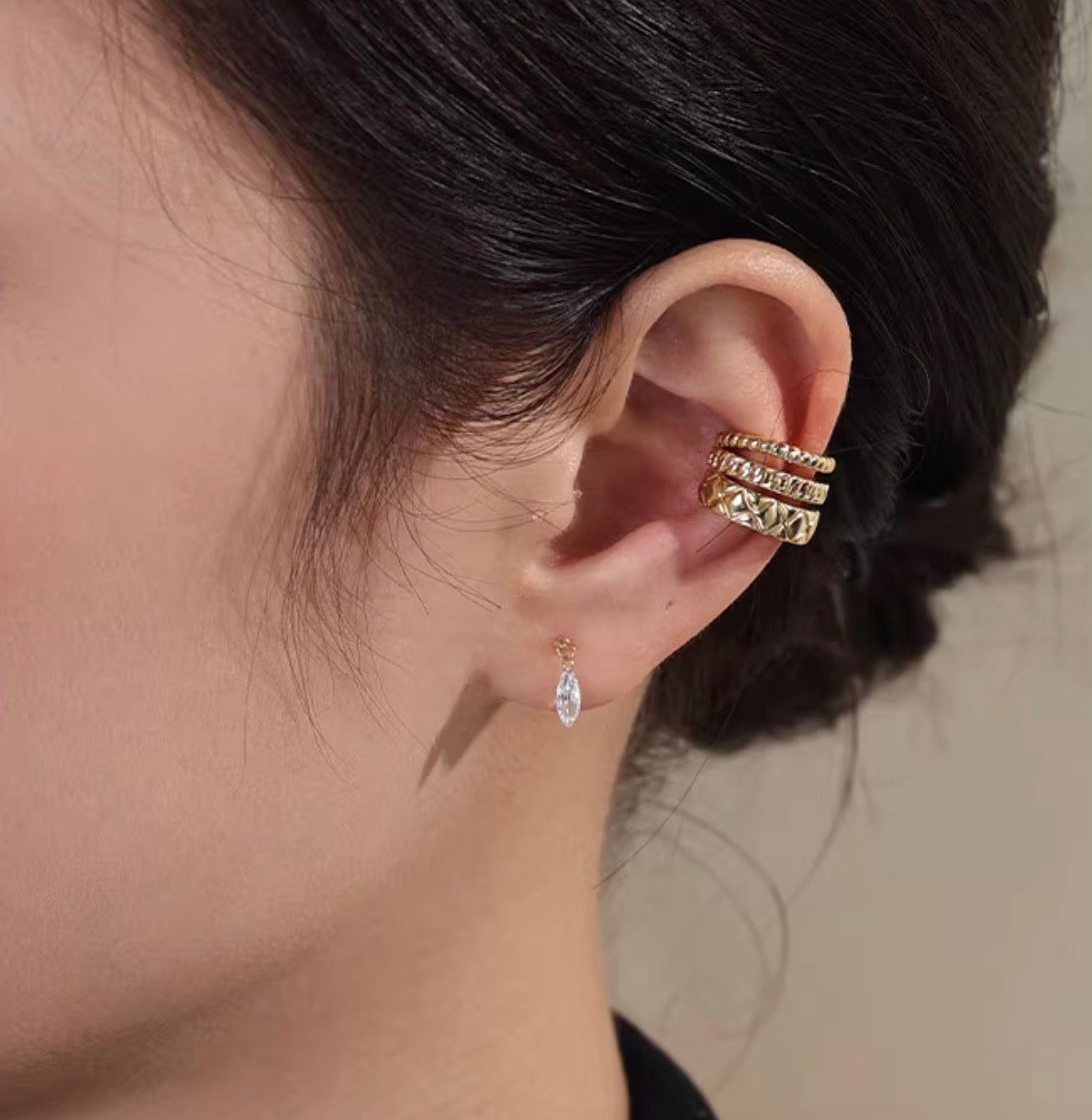 K18YG イヤーカフ 3連 18k イエローゴールド キルティング 三連 リング型 片耳用 X 模様 中空