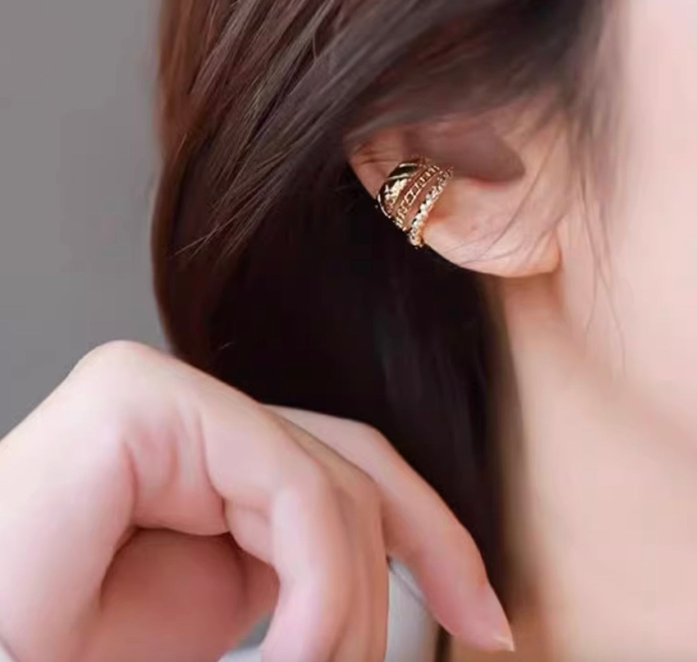 K18YG イヤーカフ 3連 18k イエローゴールド キルティング 三連 リング型 片耳用 X 模様 中空