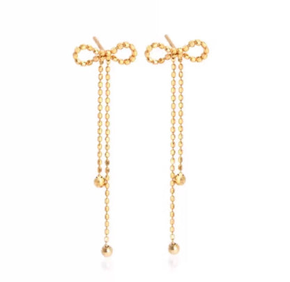 K18YG チェーンピアス ロングピアス スタッドピアス リボン 18k イエローゴールド カットボール キラキラ ボールチェーン 揺れる 可愛い