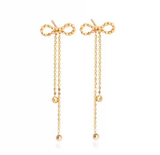 K18YG チェーンピアス ロングピアス スタッドピアス リボン 18k イエローゴールド カットボール キラキラ ボールチェーン 揺れる 可愛い