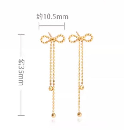 K18YG チェーンピアス ロングピアス スタッドピアス リボン 18k イエローゴールド カットボール キラキラ ボールチェーン 揺れる 可愛い