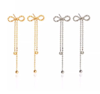 K18YG チェーンピアス ロングピアス スタッドピアス リボン 18k イエローゴールド カットボール キラキラ ボールチェーン 揺れる 可愛い