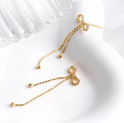 K18YG チェーンピアス ロングピアス スタッドピアス リボン 18k イエローゴールド カットボール キラキラ ボールチェーン 揺れる 可愛い