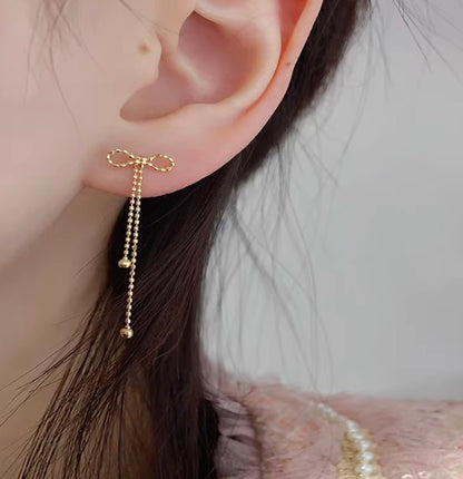 K18YG チェーンピアス ロングピアス スタッドピアス リボン 18k イエローゴールド カットボール キラキラ ボールチェーン 揺れる 可愛い