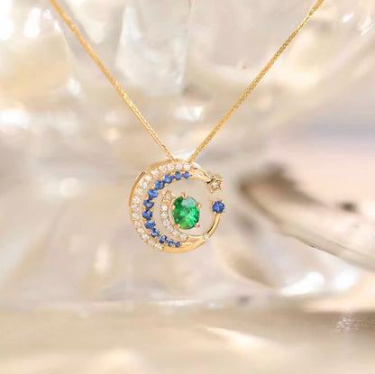 K18YG ペンダント ツァボライト ダイヤモンド エメラルド ネックレスジュエリー  18K ムーン 月 ラウンド 星 大ぶり