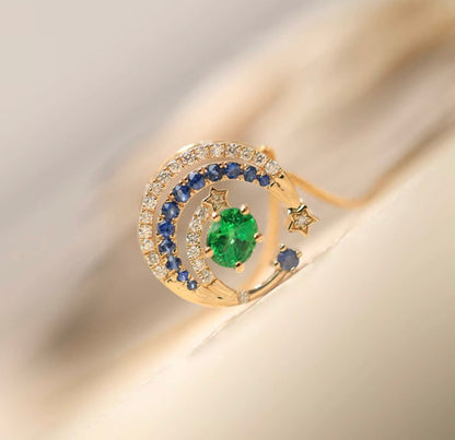 K18YG ペンダント ツァボライト ダイヤモンド エメラルド ネックレスジュエリー  18K ムーン 月 ラウンド 星 大ぶり