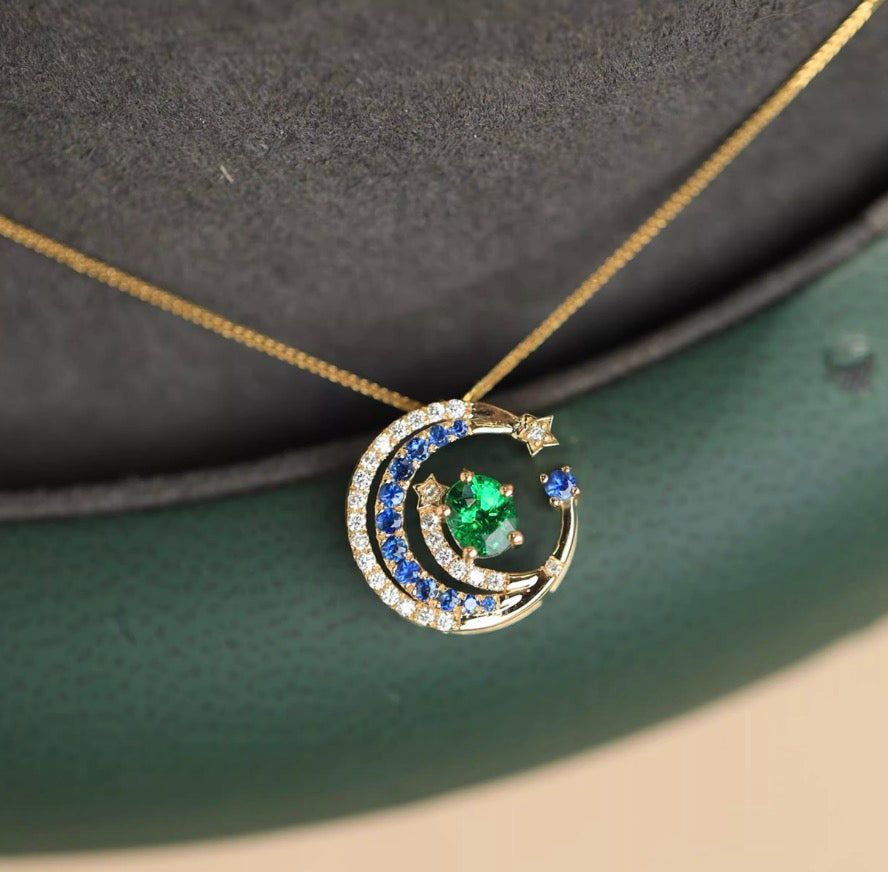 K18YG ペンダント ツァボライト ダイヤモンド エメラルド ネックレスジュエリー  18K ムーン 月 ラウンド 星 大ぶり
