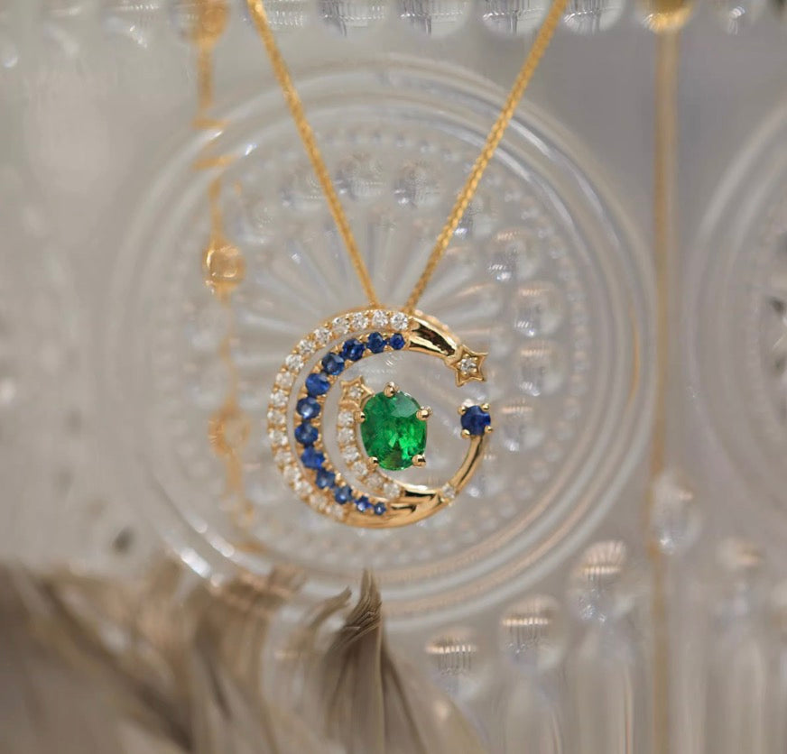 K18YG ペンダント ツァボライト ダイヤモンド エメラルド ネックレスジュエリー  18K ムーン 月 ラウンド 星 大ぶり