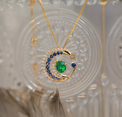 K18YG ペンダント ツァボライト ダイヤモンド エメラルド ネックレスジュエリー  18K ムーン 月 ラウンド 星 大ぶり