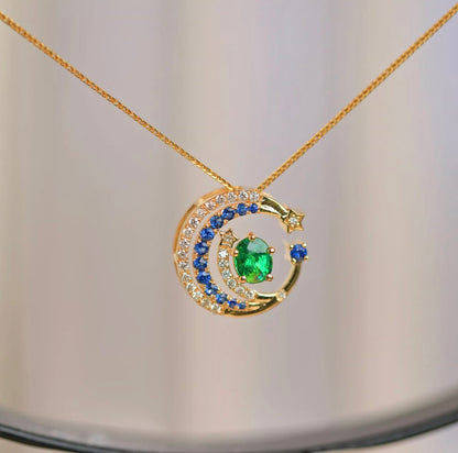 K18YG ペンダント ツァボライト ダイヤモンド エメラルド ネックレスジュエリー  18K ムーン 月 ラウンド 星 大ぶり