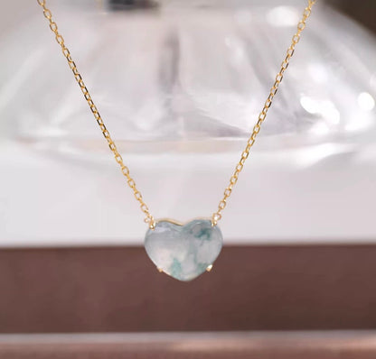 K18YG 翡翠 ハートネックレス 18K ハートチャーム ペンダント ヒスイ Aグレード ぷるぷる カボション 爪留め