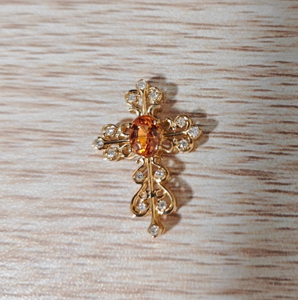 K18YG オレンジガーネット 十字架 ペンダント ダイヤモンド ネックレス チャーム レース 18K 天然スペサルティン クロス