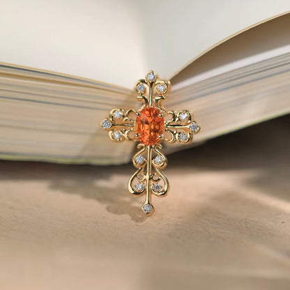 K18YG オレンジガーネット 十字架 ペンダント ダイヤモンド ネックレス チャーム レース 18K 天然スペサルティン クロス