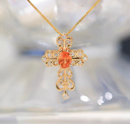 K18YG オレンジガーネット 十字架 ペンダント ダイヤモンド ネックレス チャーム レース 18K 天然スペサルティン クロス