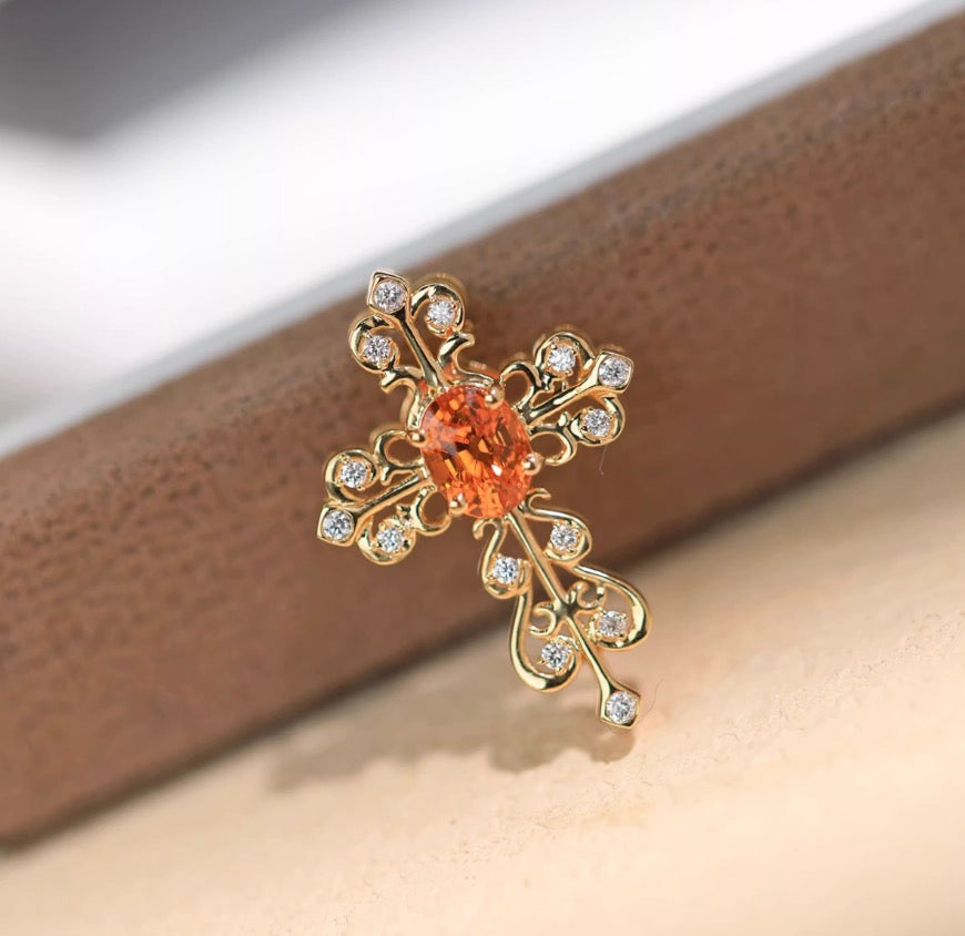 K18YG オレンジガーネット 十字架 ペンダント ダイヤモンド ネックレス チャーム レース 18K 天然スペサルティン クロス