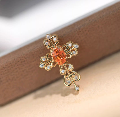 K18YG オレンジガーネット 十字架 ペンダント ダイヤモンド ネックレス チャーム レース 18K 天然スペサルティン クロス