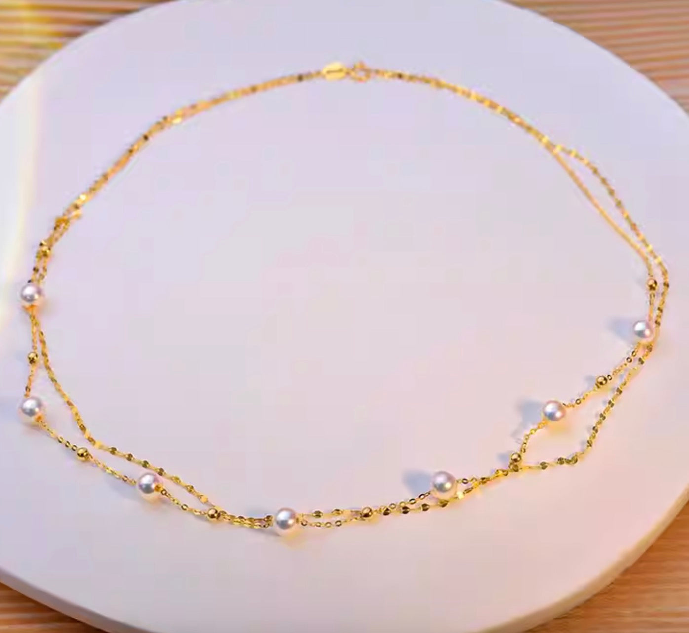 K18YG あこや真珠 ステーションネックレス 18K パール ダブルチェーン 2重