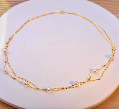 K18YG あこや真珠 ステーションネックレス 18K パール ダブルチェーン 2重