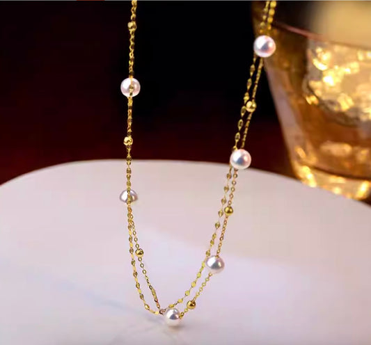 K18YG あこや真珠 ステーションネックレス 18K パール ダブルチェーン 2重