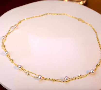 K18YG あこや真珠 ステーションネックレス 18K パール ダブルチェーン 2重