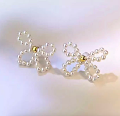 K18YG 淡水パール リボン 2way イエローゴールド 18K スタッドピアス 蝶々