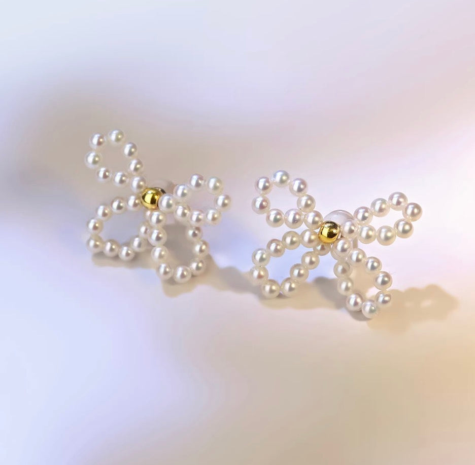 K18YG 淡水パール リボン 2way イエローゴールド 18K スタッドピアス 蝶々