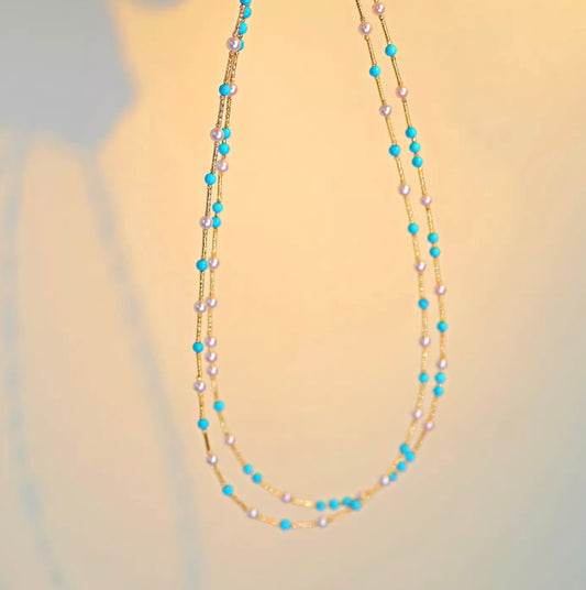 K18YG あこや真珠 パール ターコイズ ワイヤー ステーションネックレス 18K あこや アコヤ真珠 小粒 小珠 トルコ石
