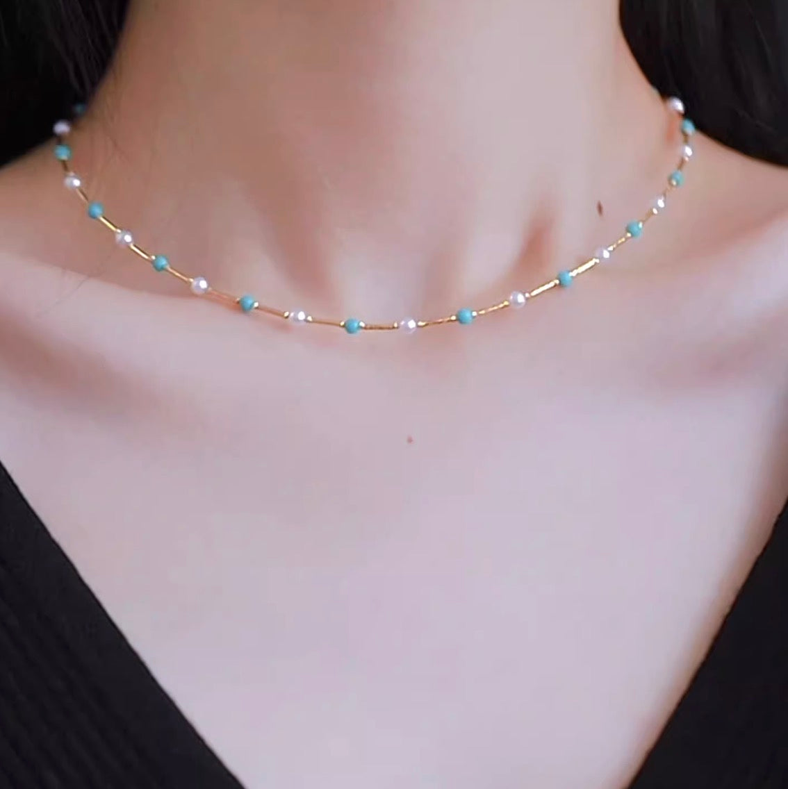 K18YG あこや真珠 パール ターコイズ ワイヤー ステーションネックレス 18K あこや アコヤ真珠 小粒 小珠 トルコ石